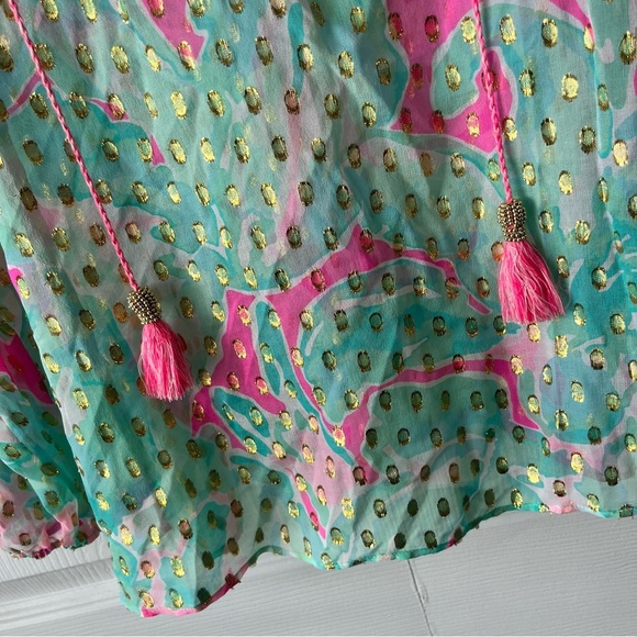Lilly Pulitzer Rilla Sheer Tropical Pink Sands with Gold Metallic Blouse - Small - Picture 4 of 6